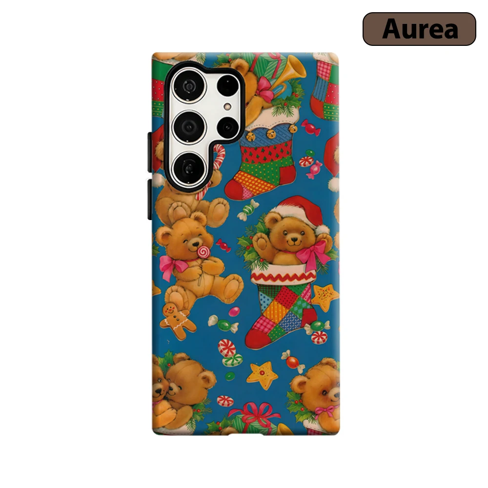 Vintage Christmas Teddy Bears Phone Case for Samsung Galaxy S25 Ultra S24 S23 Ultra Plus Shockproof Double Layer Back Cover
