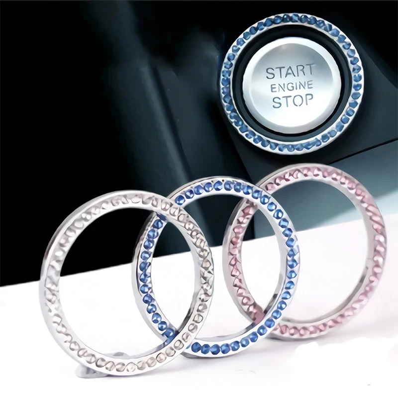 1-2pcsRhinestone Key Ring Stickers Auto Start Switch Button Decorative Metal Cover Diamond Bling Key Ring Car Decals Accessories