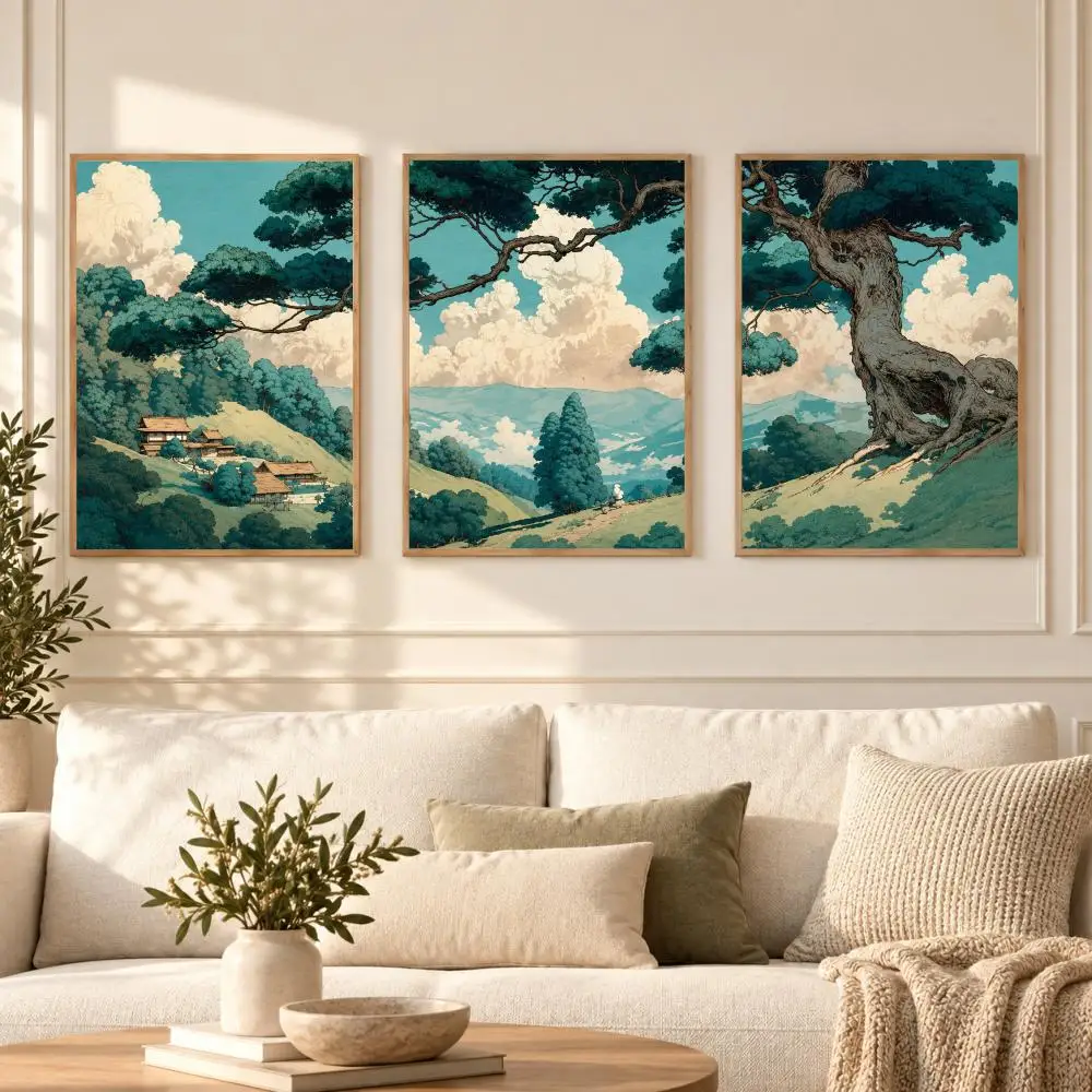 Japanese Ukiyoe Pine Mountain Painting Calligraphy 3 PCS Canvas Wall Art Prints for Living Room Modern Poster Decals Decor