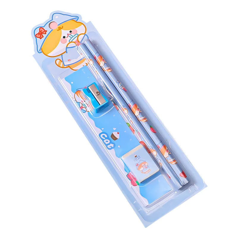1Set Cute Cartoon Stationery Set Kid Gifts for Elementary Students Pencil Sharpener Ruler Eraser Kawaii School Supplies for Math