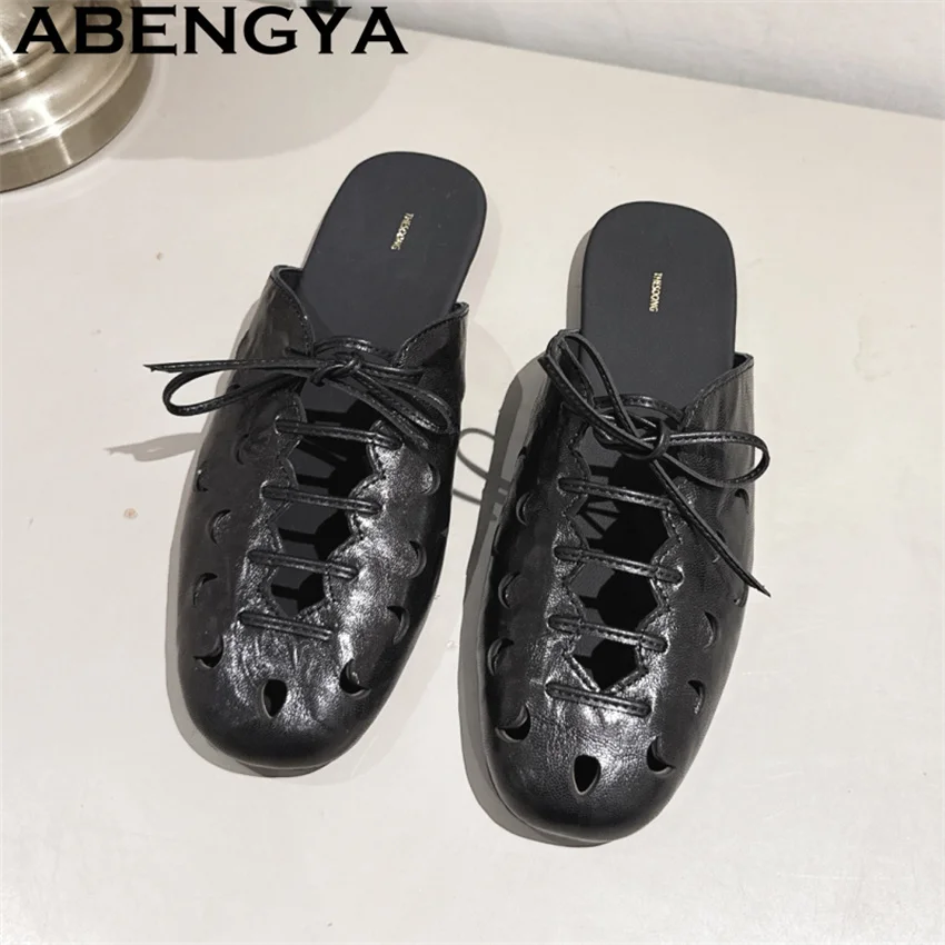 

Black Round Wrap Toe Hollow Lace Up loafers Slippers Women Casual Comfort Flat Slippers Summer New Fashion Mule Shoes for Woman