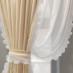 Beige Shabby Chic Curtains for Living Room Farmhouse Ruffled Vintage Side Lace Velvet Blackout Balcony Window Drapes