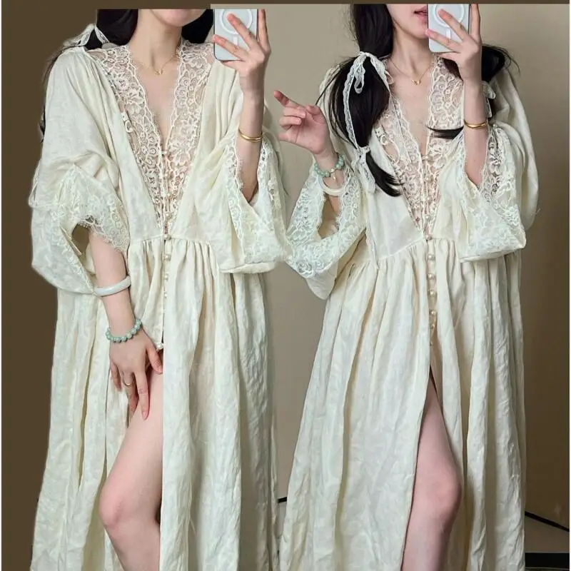 

Princess Lace Edge Sleepwear Bathrobe Girls Kawaii Pajamas Dress Leisure Wear Bedroom Four Seasons Home Clothes Outerwear New