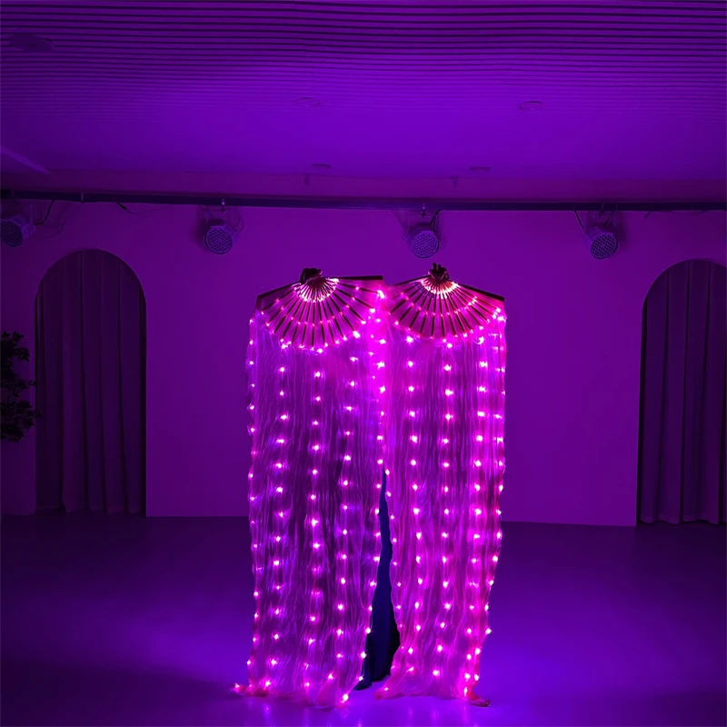 Belly Dance Props Fuchsia LED Silk Fan Veil 180cm For Women Belly Dancer Performance LED Costume Stage Show Party Wedding