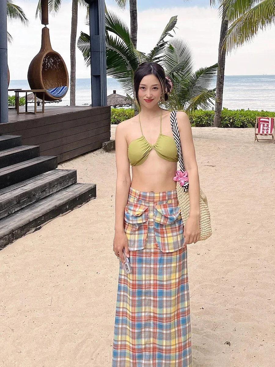 IMU School Girl Checkered Maxi Long Skirt Women Casual Split Cargo Pockets Colorful Tartan Skirt Summer Y2k Retro Clothes