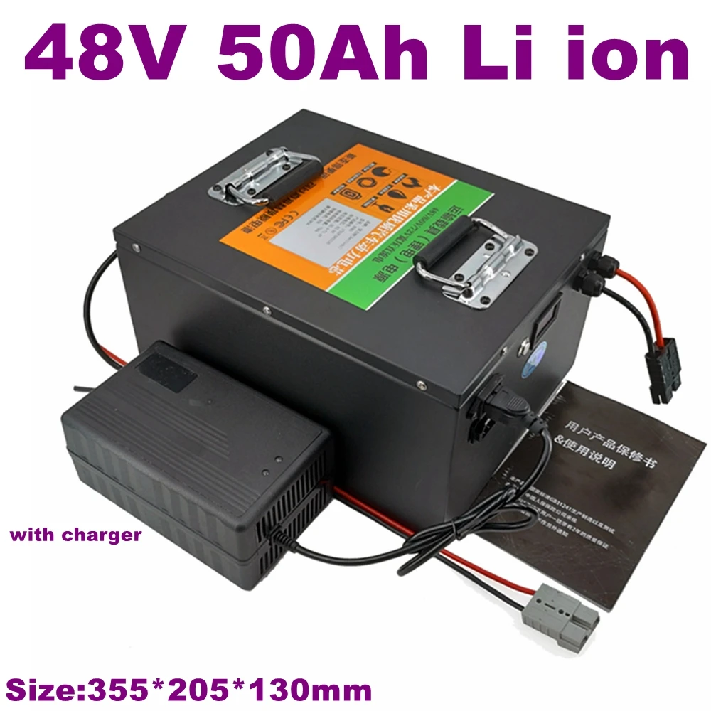 

Steel case 48V 50Ah lithium li ion battery pack with BMS for solar storage golf cart EV powerwall motorcycle ebike+5A Charger