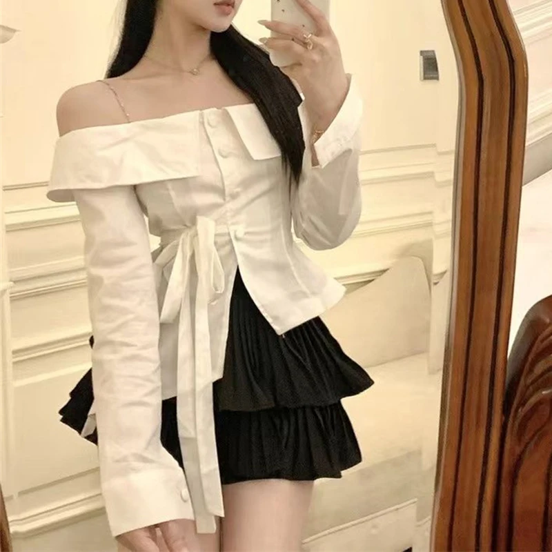 Women Sexy Off Shoulder Lace Up Elegant Shirts 2024 Spring Fashion Asymmetrical Design Chic Blouses White Slim Long Sleeve Tops