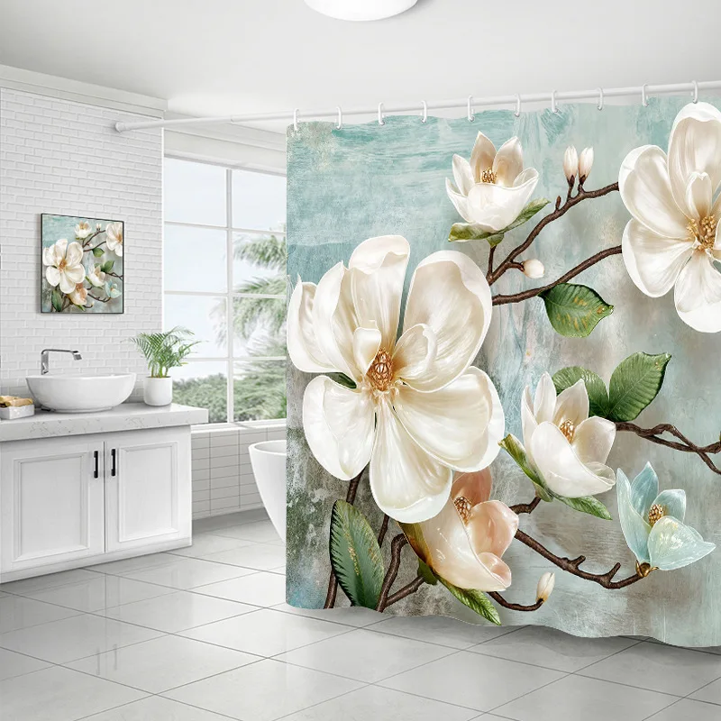 

White Magnolia Flower Shower Curtain Machine Washable All Season Waterproof Privacy Protection Elegant Design Luxury 12 hooks