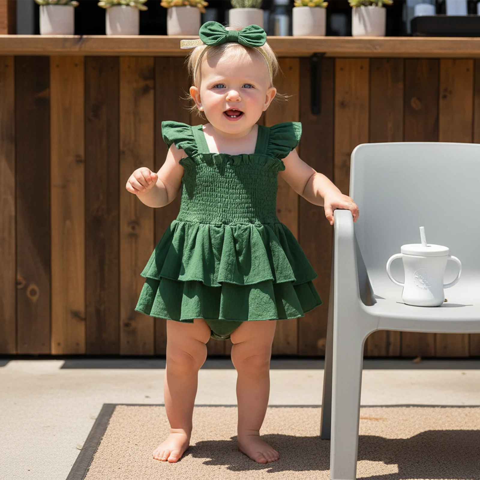 Newborn Girl Lace Bodysuits Outfit Fly Sleeve Layered Romper Dress with Bowknot Hairband Summer Girls Clothes