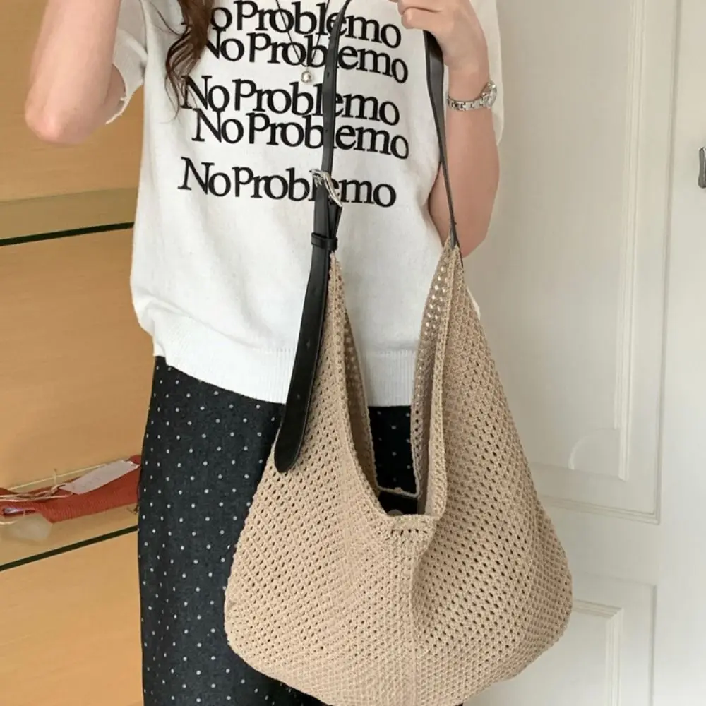 

Портативная сумка через плечо, ажурная вязаная сумка, богемная сумка, тканая сумка, хлопковая нить, большая вместительная пляжная соломенная сумка для улицы