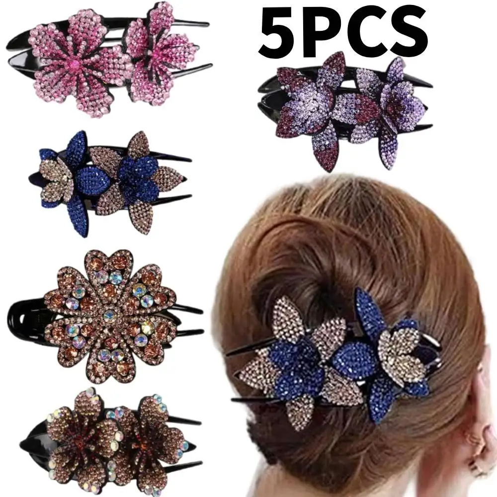 

[5PCS] Double Flower Hair Clip for Women Girls, Artificial Crystal Duckbill Clip Hairpin with Teeth Non-Slip Women Hair Clips