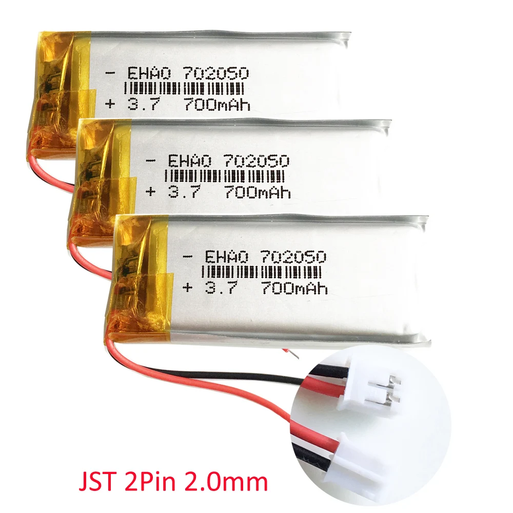 3 PCS 3.7V 700mAh Lithium Polymer Lipo Rechargeable Battery JST PH 2.0mm 2pin For MP3 GPS DVD Bluetooth Recorder Camera 702050