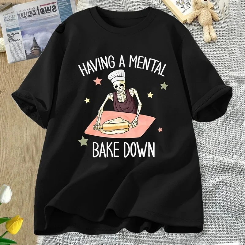

Interesting Baking Chef Skeleton Baker Printed T-shirt Short Sleeve Round Neck Women's T-shirt Versatile for Daily Use