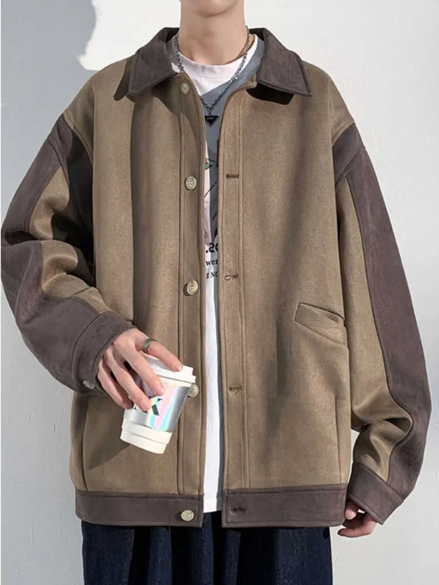 

Harajuku Suede Jacket for Men Spring Autumn Loose Fitting Long Sleeve Fashion Oversized Cargo Jacket Trendy Casaul Outerwear
