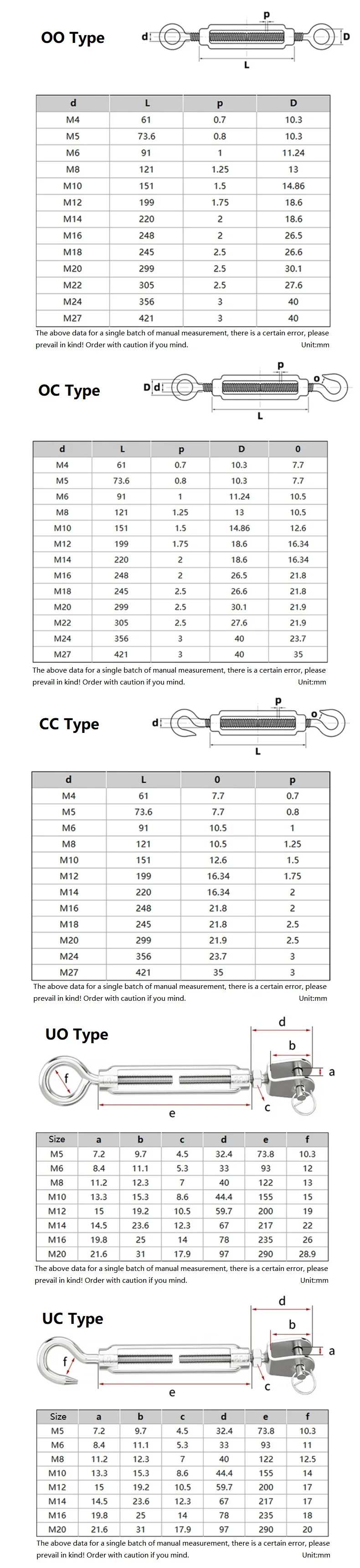 Beicai 1Pc M4-M27 SUS304/316 Stainless Steel Hook And Eye Turnbuckle Rope Cable Tension Adjustable Garden Wire Tensioner