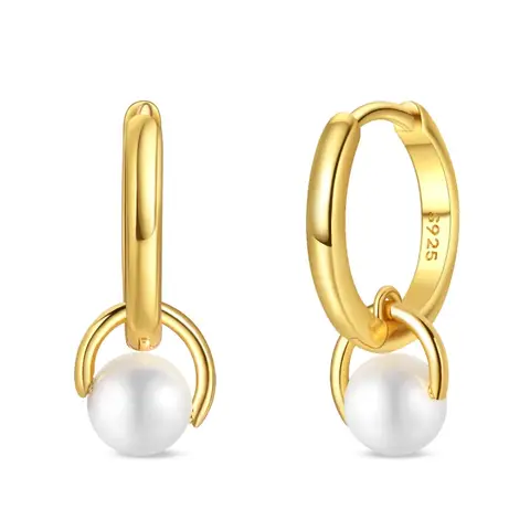 Hot Sales 925 Sterling Silver Golden Geometric Pearl Pendant Hoop Earrings For Women Fine Birthday Anniversary Jewelry Gifts