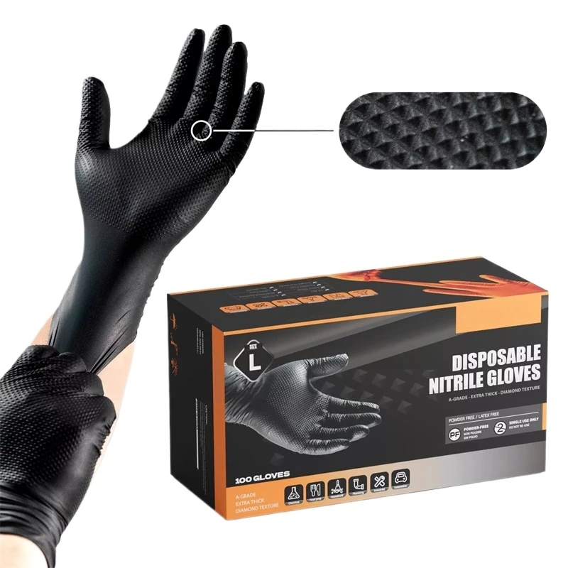 Industrial Black Nitrile Gloves 8mil Heavy Duty Disposable Gloves with Diamond Textured Latex Free Mechanic Tattoo Auto Gloves