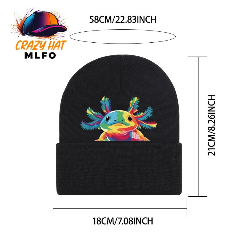 Vibrant Eye-Catching Knit Beanie, Colorful Axolotl Art Print, For Daily Outdoor Walk, Holiday Season & Casual Gathering