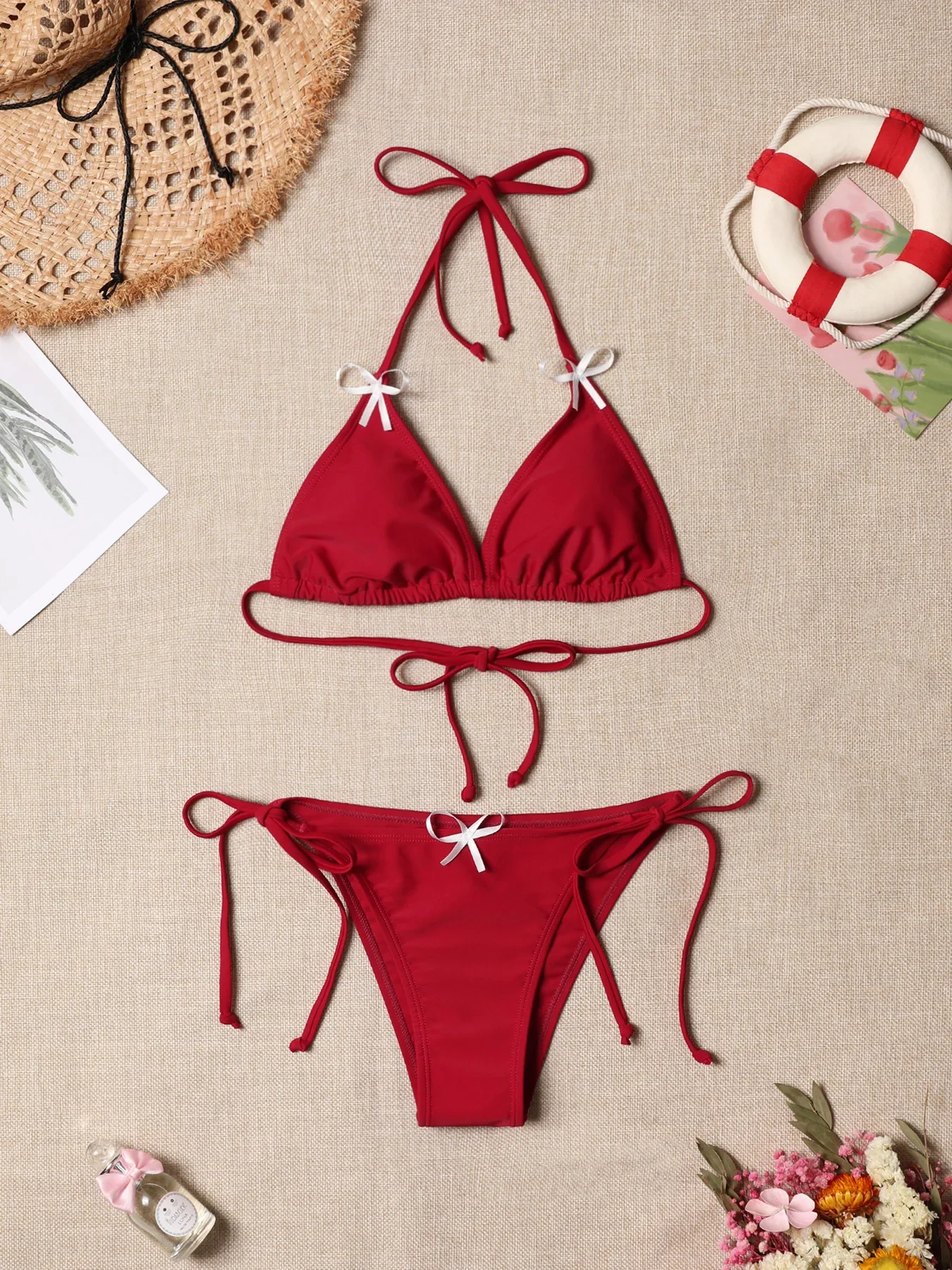 

Triangle Tie Side Bikini Swimsuit 2024 New Arrival Biquini Padded Bra Sexy Solid Bikini Set Women's Swimwear Summer Fashion