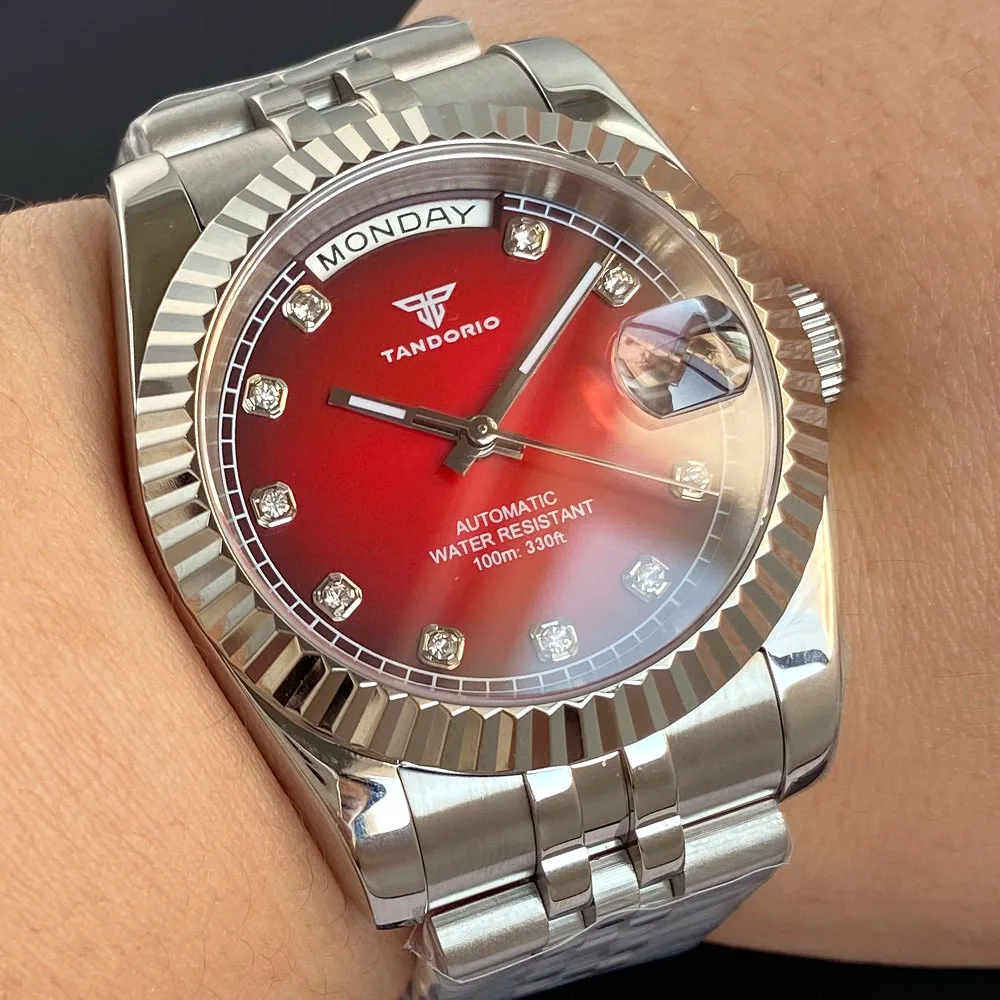 Tandorio 36mm 39mm Sunburst Red Gold Dial Diamond Index Sapphire NH35 20ATM Diving Automatic Men Watch Stainless Steel Strap