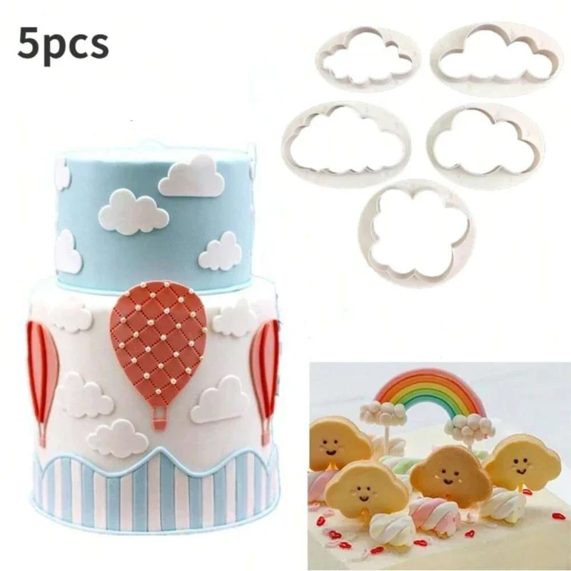 5PCS/set Cloud Cake Mold Set Durable Plastic Fondant Cutter for Cakes Cookies Biscuits Chocolates Sugarcraft Stamp Plunger Mold