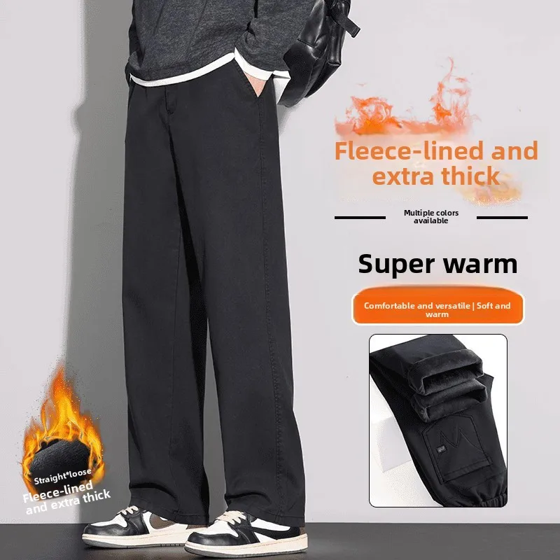 

Bla Fce Lined Loose Straight Leg Thiened Casual Pants for Men Autumn Winter Comfortable Warm Trousers Busin Gentlem...