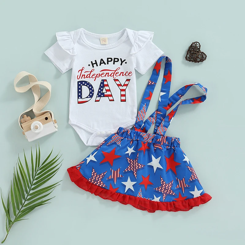 Infant Girl 4th of July Skirts Set Patriotic Romper with Short Sleeves Star Print Suspenders Skirt Outfit