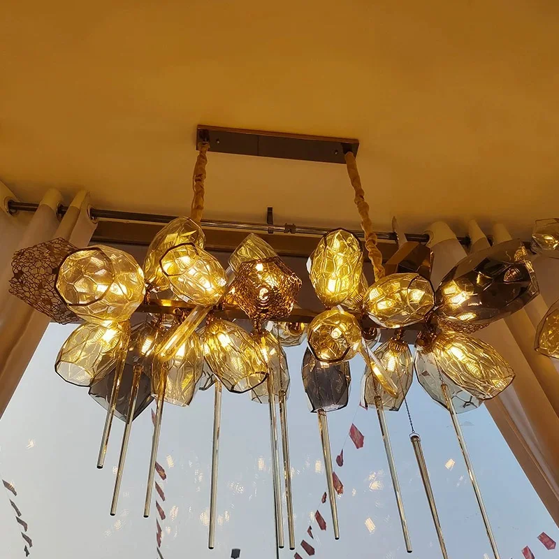 

American-style LED copper-coloured stainless steel chandelier with lustre, G9 bulb, adjustable height, suitable for living rooms
