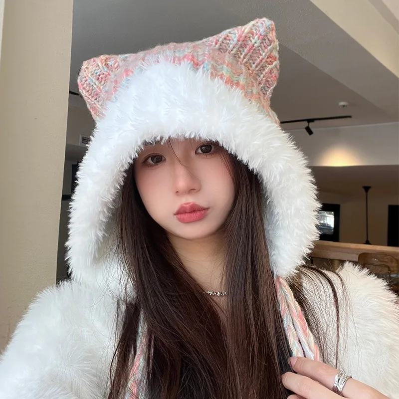 Cute Bear Bomber Hat Autumn and Winter Woolen Knitted Cat Ear Hat With Soft Warm Brim Long Braid Strap