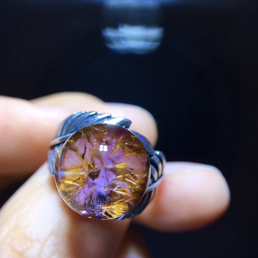 

Natural Purple Cacoxenite Rutilated Adjustable Ring 12.2mm Round Fashion Gift Auralite 23 Ring Healing AAAAA