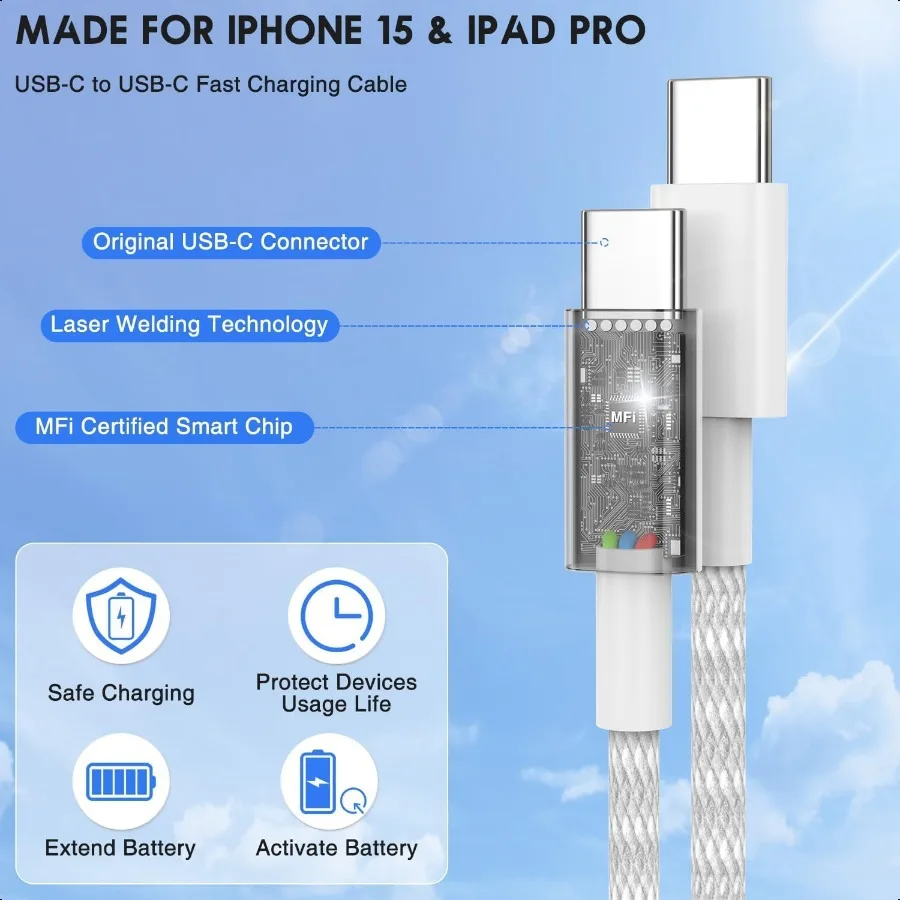 كابل USB C إلى C بطول 10 أقدام لهاتف iPhone 16 15 Pro Pro Max PlusLong C إلى C كابل شحن سريع مضفر لهاتف iPhone 16 15 Samsung G