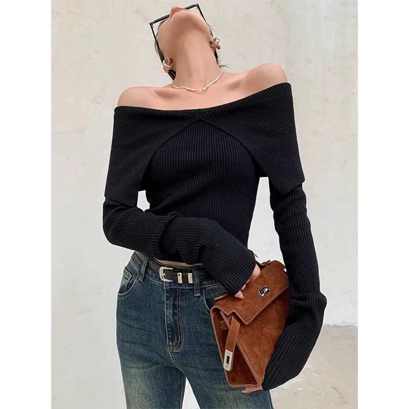 MEXZT Slash Neck Sweater Women Sexy Cropped Off Shoulder Knitted Pullovers Korean Elegant Black Knitwear Winter Ladies Jumpers