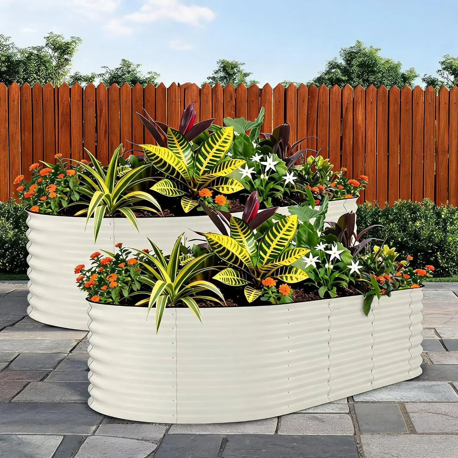 2pcs 94.5inch Oval Galvanized Steel Planter Box Beige, Anti-Cut, 24inch Deep, 47inch Wide Oval Large Metal Planter Box Kit  for Outdoor Garden Vegetables Flowers Herbs Planting ﻿