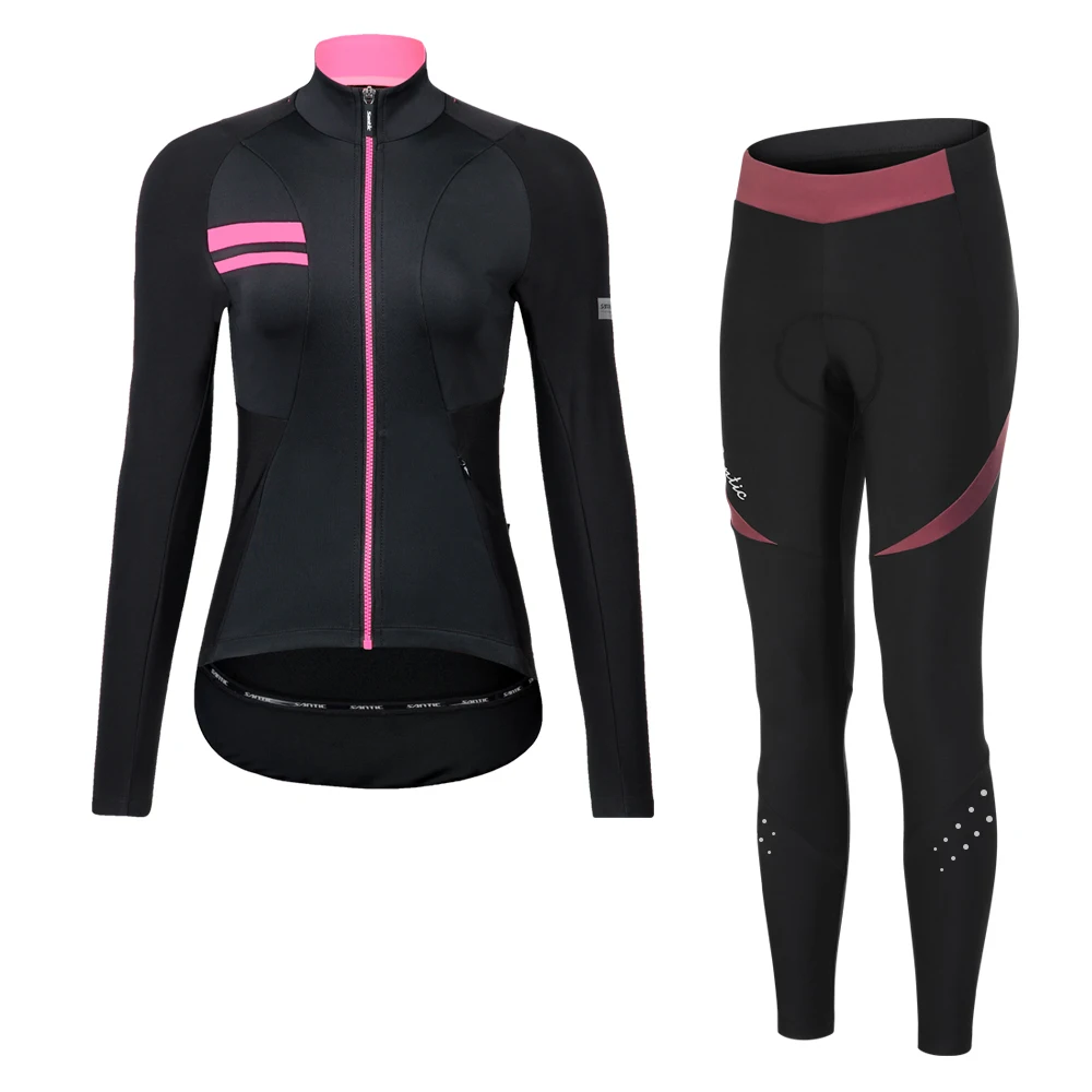 Santic Winter Fleece Cycling Sets for Women Outdoor Windproof MTB Bike Jackets Thicker Trousers Bicyle Sports Clothing Suit