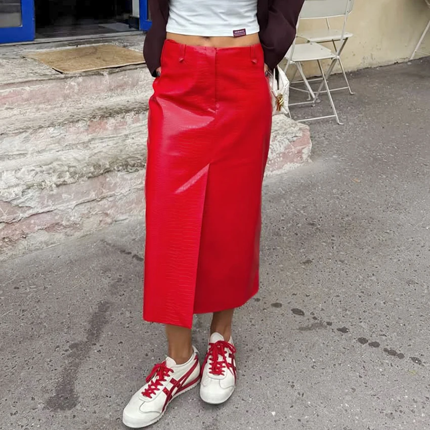 Linad Sexy Red PU Split Skirts For Women Street Chic Slim High Waist Zipper Skirts 2026 Vintage Straight Mid Calf Skirt Female