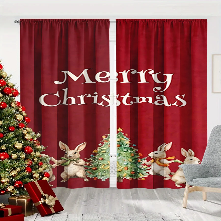 2PCS Christmas Winter Curtains, Merry Christmas Rabbit Tree Red Winter, Digital Print, Bedroom Living Room, Home Decor