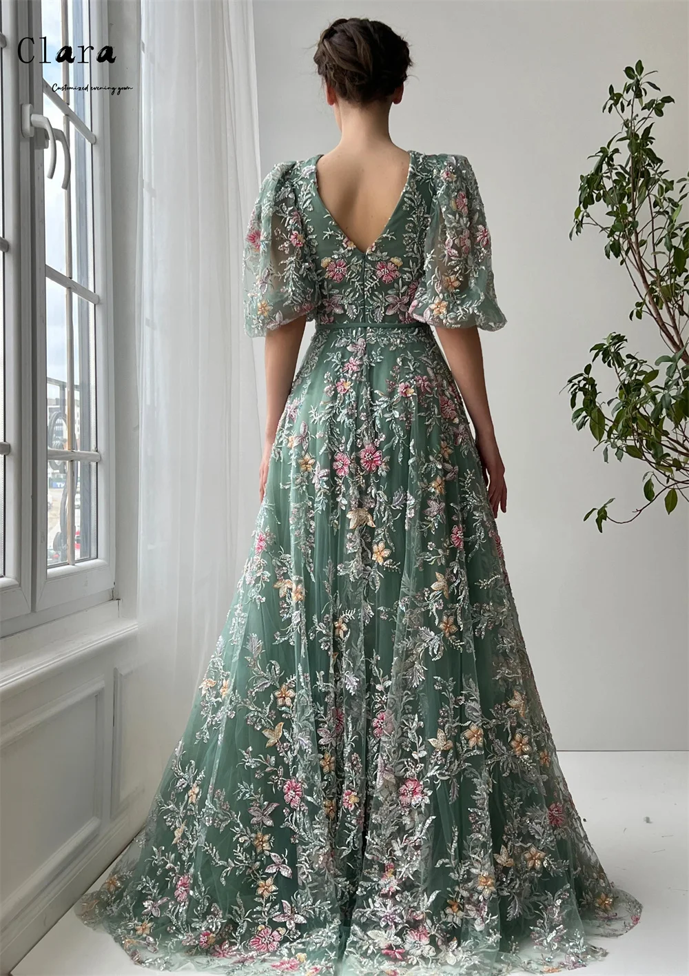 Clara personalizado a linha flor com decote em v rendas vestidos de noite 2025 mulher de luxo elegante vestido de noite longo vestido de baile feminino