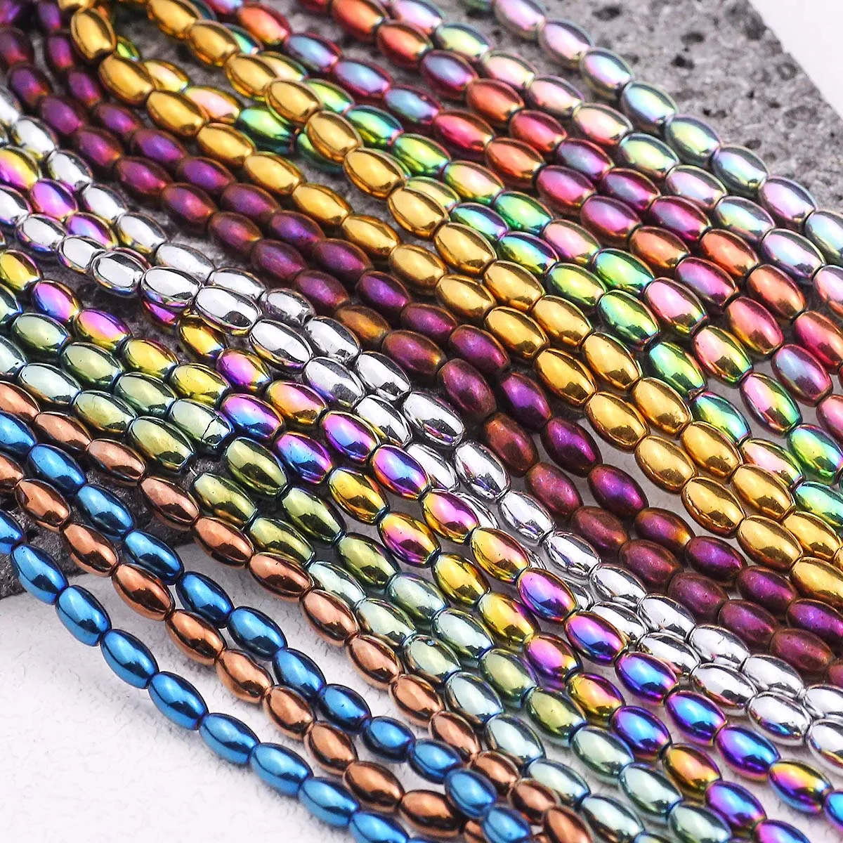 1strand Blue,Green,Purple Natural Stone Hematite Rice Grains Oval Loose Spacer Beads For Jewelry Making Bracelet DIY Accessories