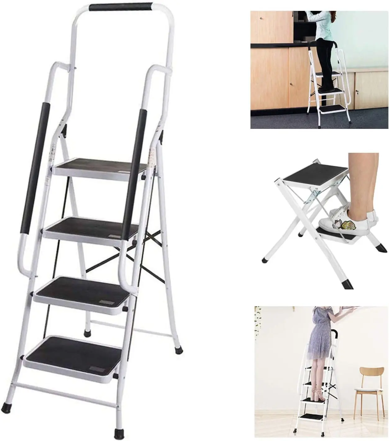 Tritthocker 4 Stufen Trittleiter mit Handlauf Stahl Klapptritt Haushalts-Trittleiter Klappbare Stehleiter bis 150 kg für