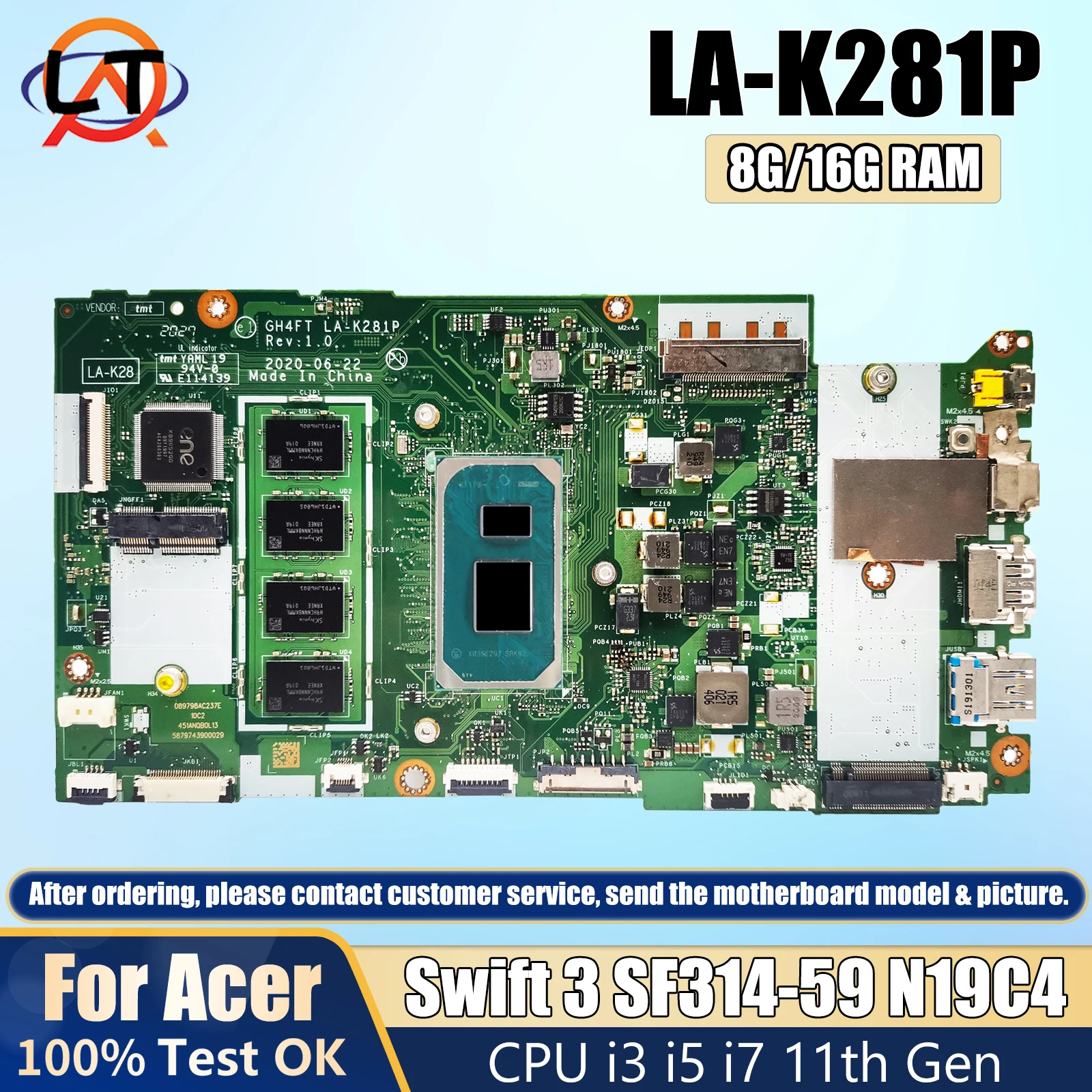 

GH4FT LA-K281P Mainboard For Acer Swift 3 SF314-59 N19C4 Laptop Motherboard NBA0P11001 With i3 i5 i7 11th CPU 8GB/16GB RAM