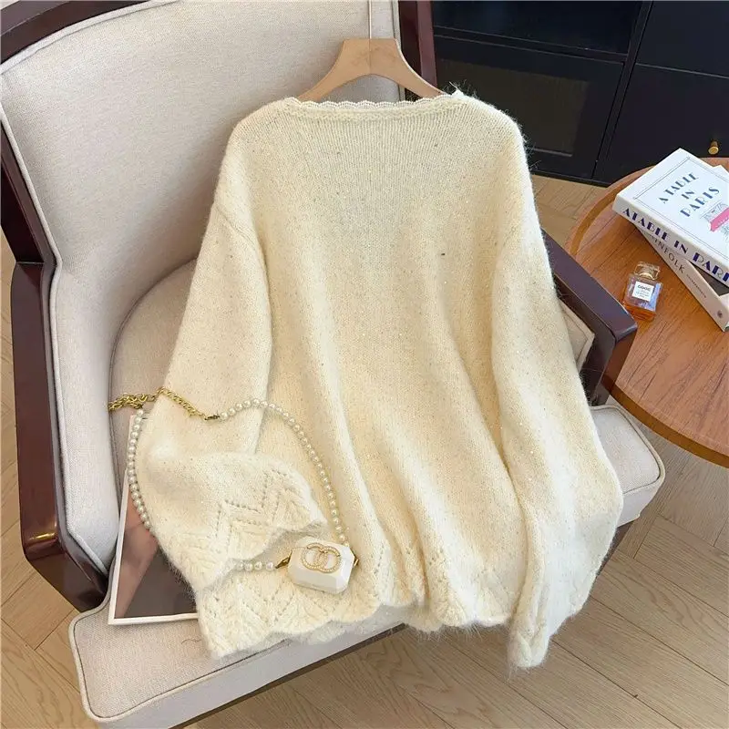 French High-end Large Bow V-neck Sweater for Women in Autumn and Winter Mid-length Sweater Top