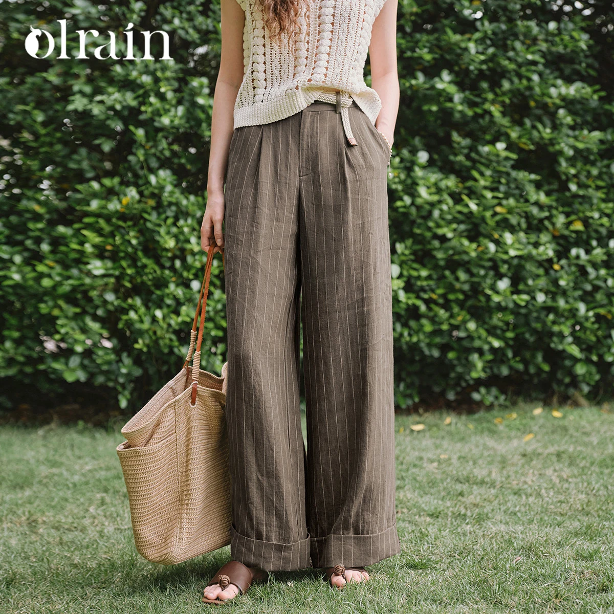 

OLrain Women's Office High Waist Striped Casual Pant 2026 Spring New Fashion Cuffed Hem Wide Leg Long Pants with Belt O57XK98812
