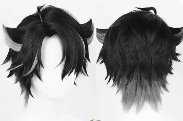 Wig Synthetic Straight Short Black Gray Mix Anime Game Cosplay Hair Wig for Party