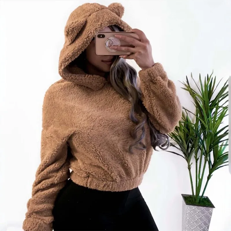 

Fashionable Hoodie Sweatshirt Pullover Women's Street Style Loose Fit Long Sleeve Short Length Color Chinese Brand