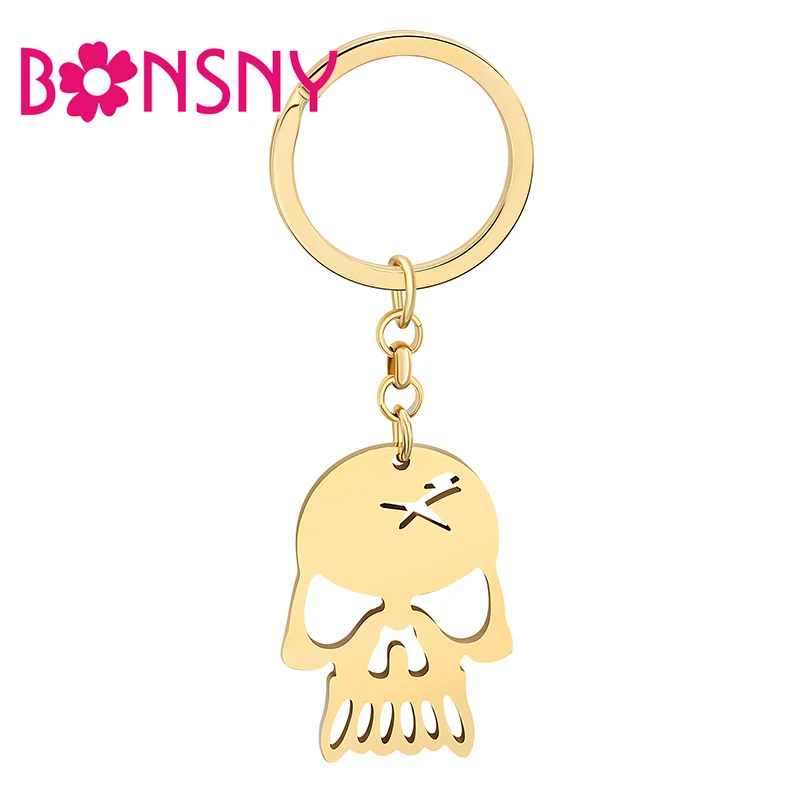 Bonsny Halloween Stainless Steel Gold-plated Skeleton Keychains Car Key Bag Charms Jewelry For Women Girls Gifts Key Chain