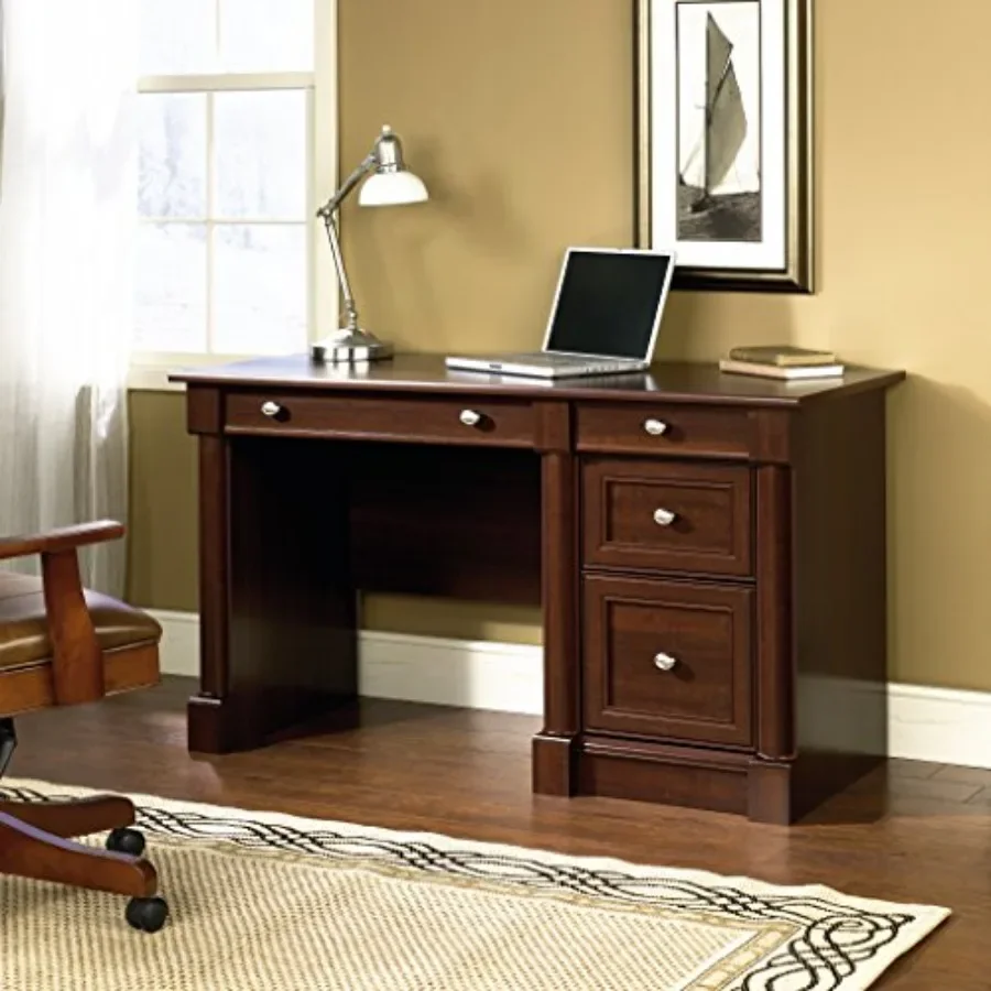 Home office computer desk with drawers, file cabinet storage, cable management, and keyboard tray in walnut finish