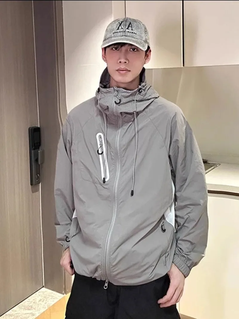 

Gothiscyn Men's Thin Hooded Cardigan Jacket Summer Ice Silk Quick Drying Long-sleeved Zipper Jacket Fashion Male Clothes