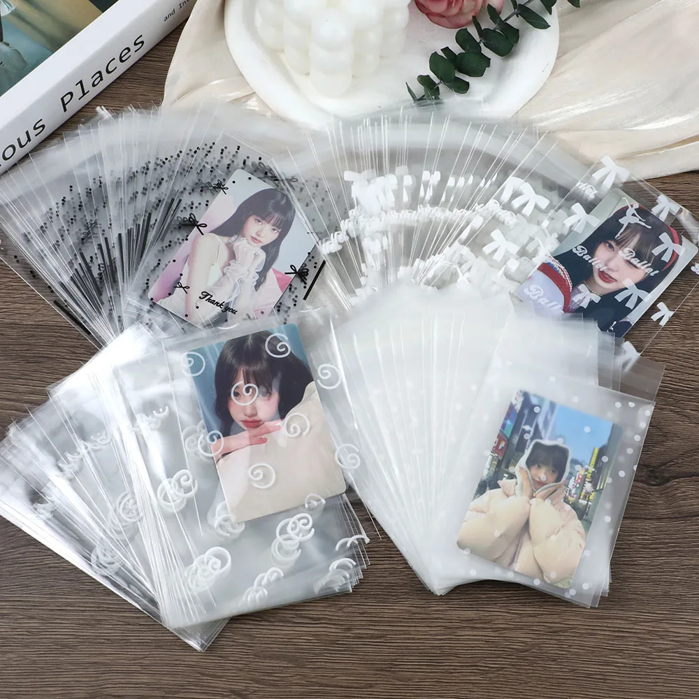 50Pcs Self-adhesive Photo Card Packaging Bag Transparent Bowknot Printed Photocard Sleeve INS Idol Photo Game Card Protector