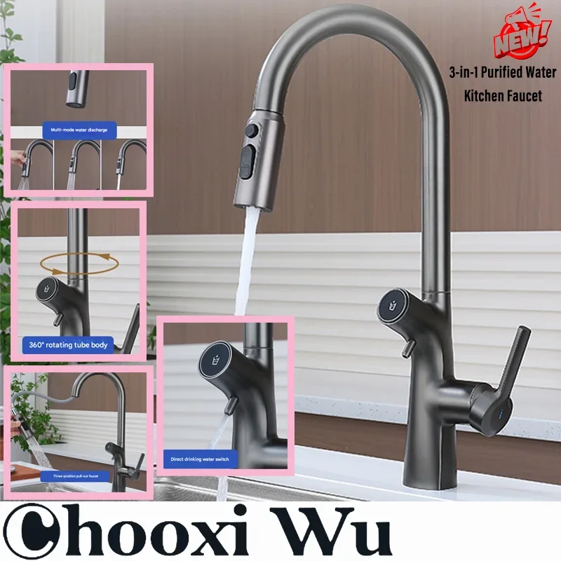 CHOOXIWU - Gold Water Filter Kitchen Faucet Dual Spout Pull out Tap Pure Drinking Water Mixer Kitchen Gourmet Crane Sink