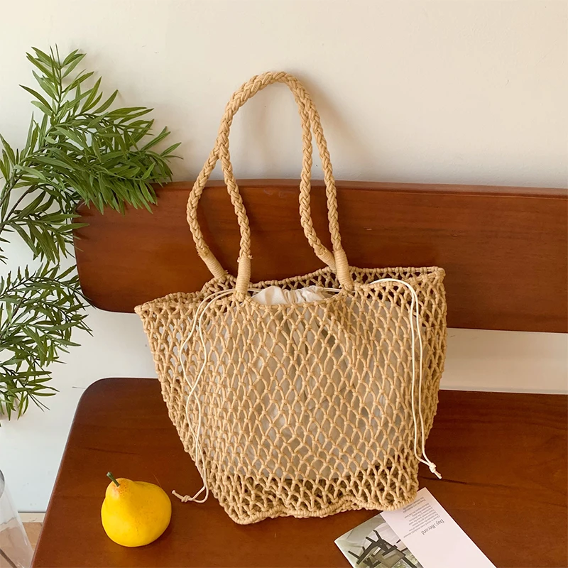 Spring/Summer Cotton Hemp Hollow Weaving Bag,Large Capacity Handmade Tote Shoulder Bag,Beach Vacation Shopper Portable Net Bag